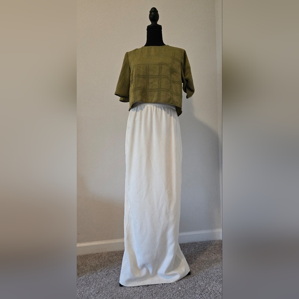 Olive Green Top and White Maxi Skirt Set